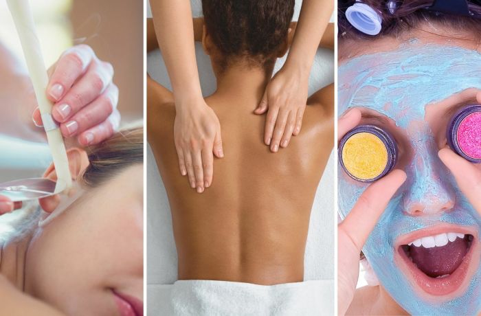 Split photo showing an ear candle treatment body massage and facial treatment