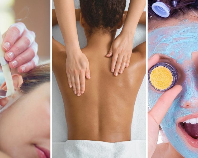 Split photo showing an ear candle treatment body massage and facial treatment