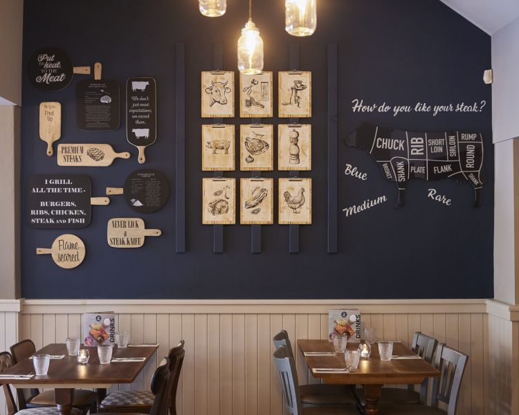 an inside shot of the holmfield arms showing the dining area with tables alongside a wall covered in illustrations