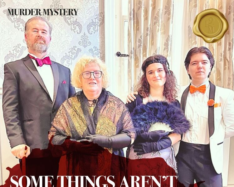 a group of actors dressed up in fancy dress in black tie for a murder mystery dinner experience