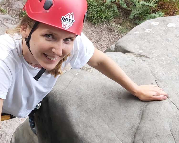 Close up of a woman at Intro to Climbing Hatt Adventures