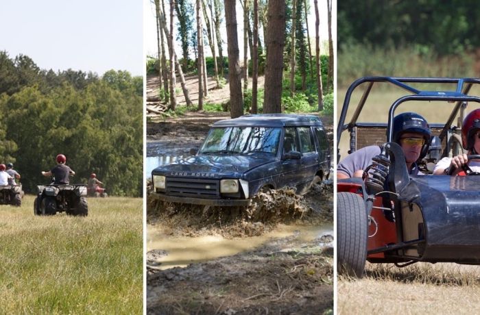 A split photo showing Quad Biking 4 X4 Off Roading and Apache Rally Car on the Multi Action Experience Half Day