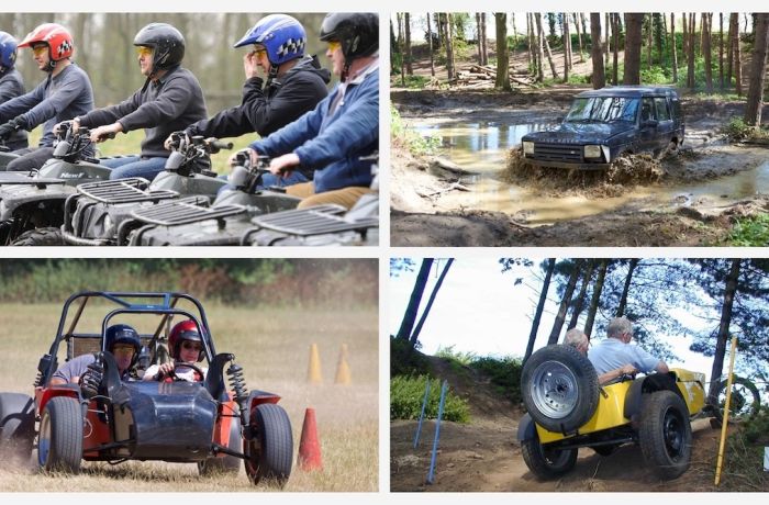A split photo showing Quad Biking 4 X4 Off Roading Apache Rally Car and Sporting Trail Car on the Multi Action Experience Full Day