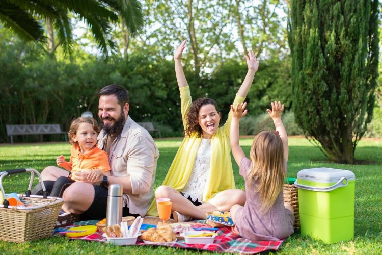 A family having a picnic in a park with mum and daughter putting their arms in the air