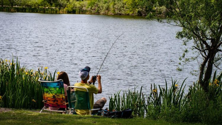 A man fly fishing in a lake