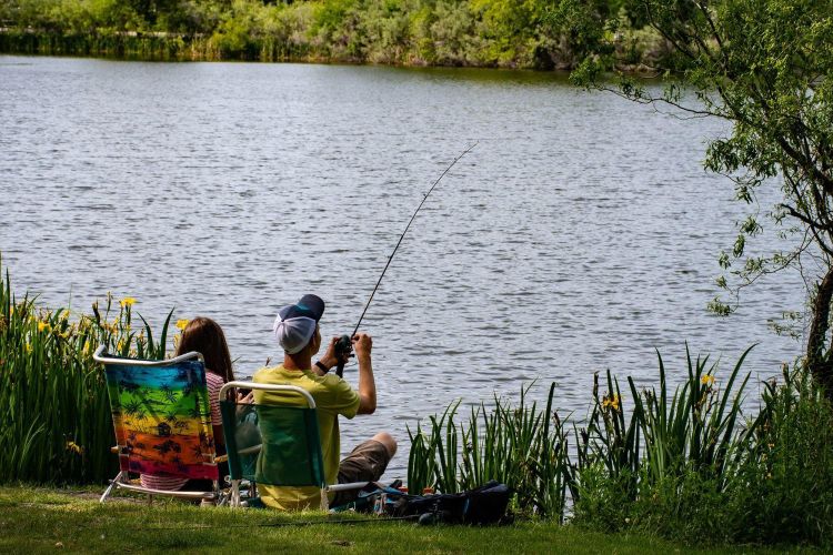A man fly fishing in a lake