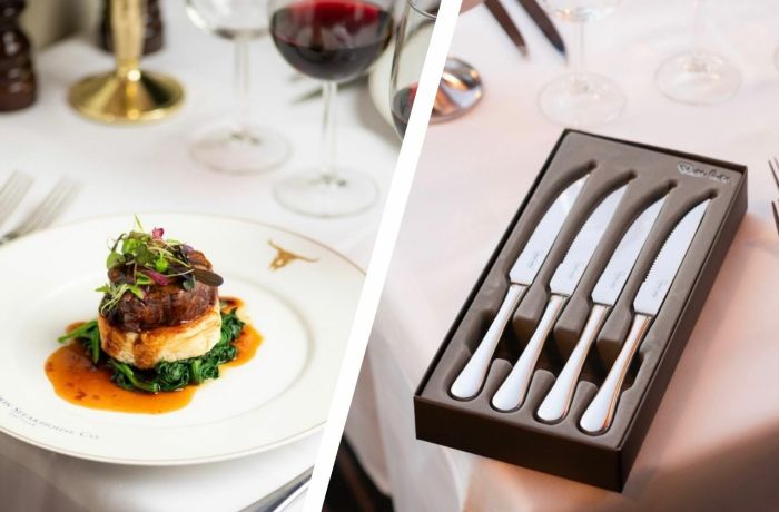 Split photo of steak meal at the london steakhouse company and a boxed set of steak knives