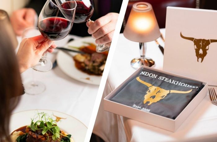 Split photo of two people clinking wine glasses over a steak meal at the london steakhouse company and a boxed branded apron