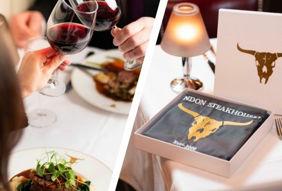 Split photo of two people clinking wine glasses over a steak meal at the london steakhouse company and a boxed branded apron