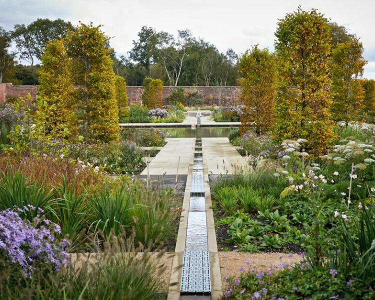 the water feautres running through the middle of one of the gardens at rhs bridgewater near manchester