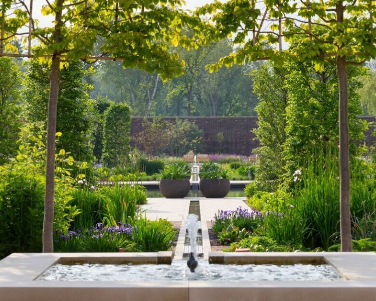 the gardens with fountains and water features at rhs bridgewater near manchester