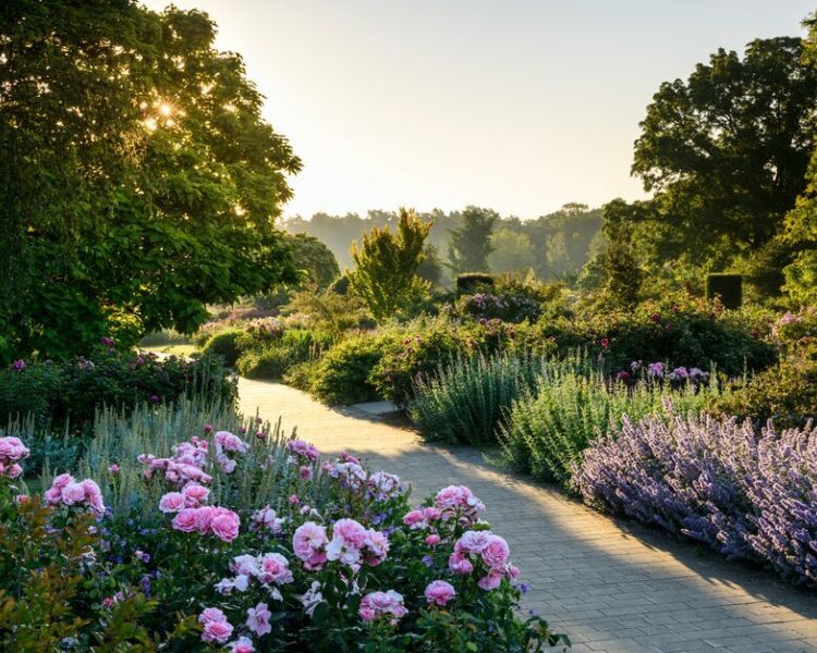 a garden path through one of the gardens at rhs wisley in the summer with flower borders both sides