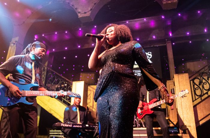 Singer and musicians on stage at a reggae live music show