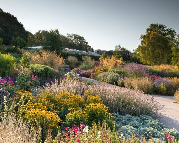 the gardens at rhs garden harlow carr leading up to the glasshouses