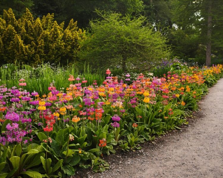 a border at rhs garden harlow carr in north yorkshire in full bloom of brightly coloured flowers