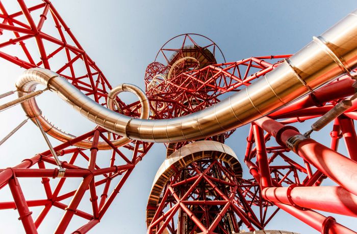 a view looking up to the top of the zip world helix at the queen elizabeth olympic park in london