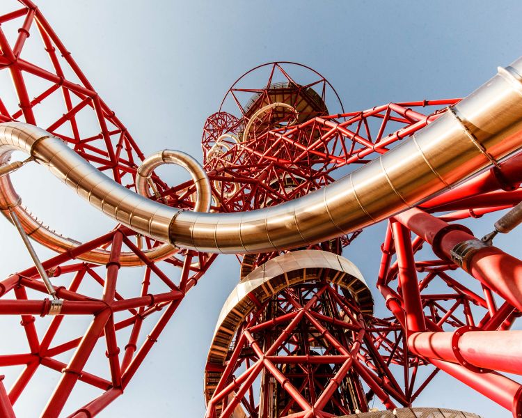 a view looking up to the top of the zip world helix at the queen elizabeth olympic park in london