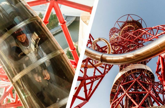 Split photo of woman going down the zip world helix in london and a view looking up at the helix