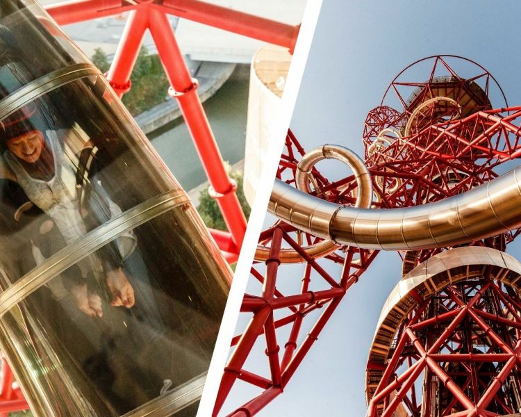 Split photo of woman going down the zip world helix in london and a view looking up at the helix