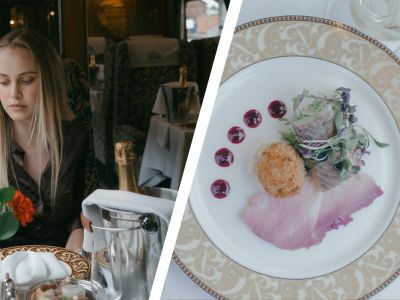 Split photo showing a woman sat at table on the northern belle with an example of the food you can expect