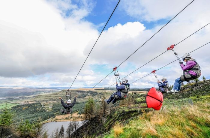 four people going down the zip lines at zip world phoenix looking out over woodland and a lake