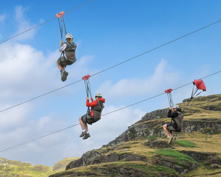 view of people going down the zip lines at zip world titan in wales