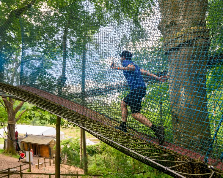 young boy running up the nets at zip world treetop nets
