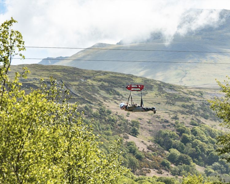 person on the zip line at zip world velocity in wales