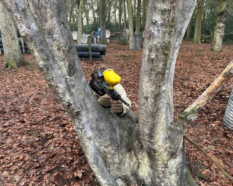 Shooting a paintball gun between a tree