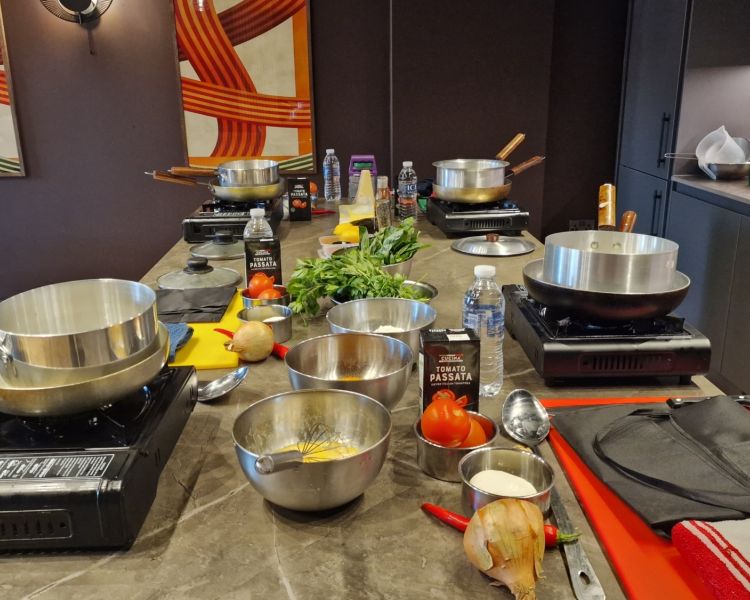 The kitchen prepared for the cookery school session