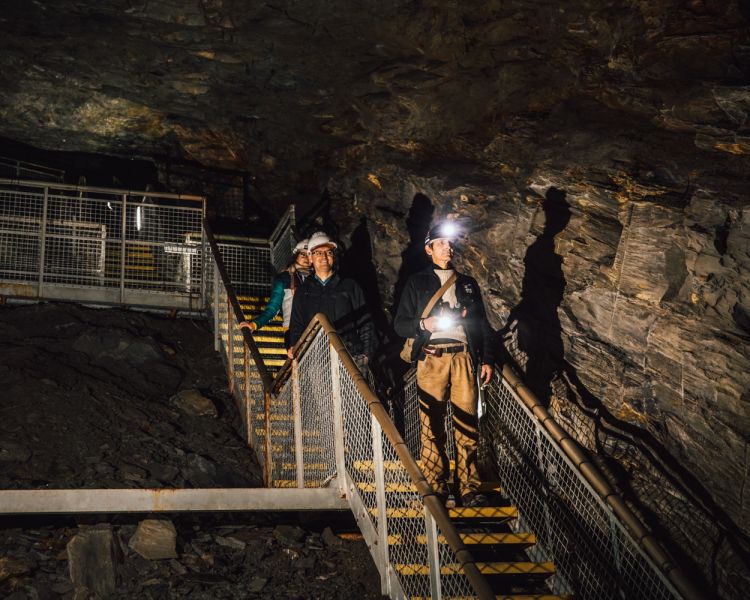 people walking down stairs underground on the zip world llechwedd deep mine tour