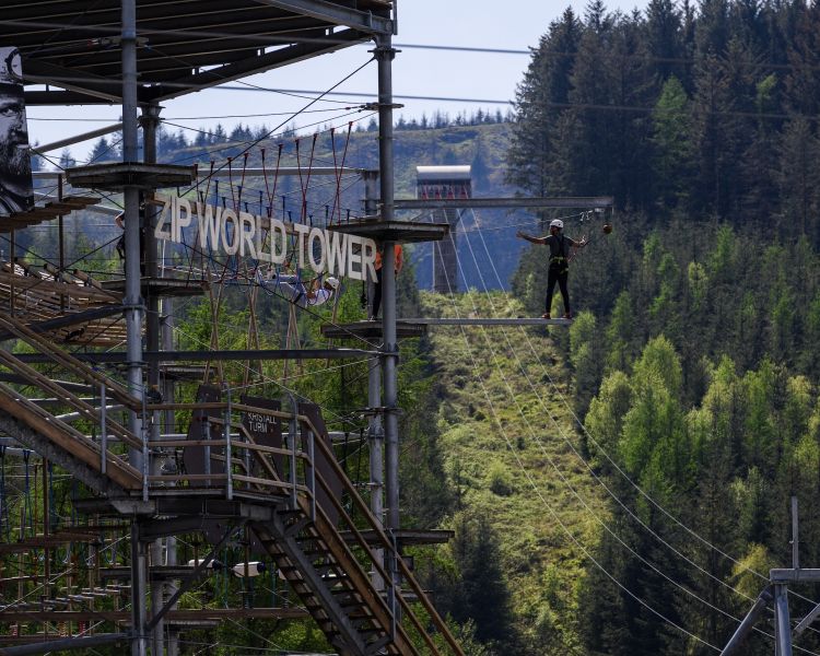 view of the zip world tower climber in south wales with woodland in the background