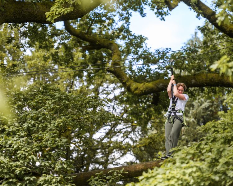 person zip lining through the trees on the zip world full trek manchester treetop obstacle course