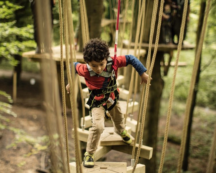 boy crossing a bridge on the zip world mini trek manchester course