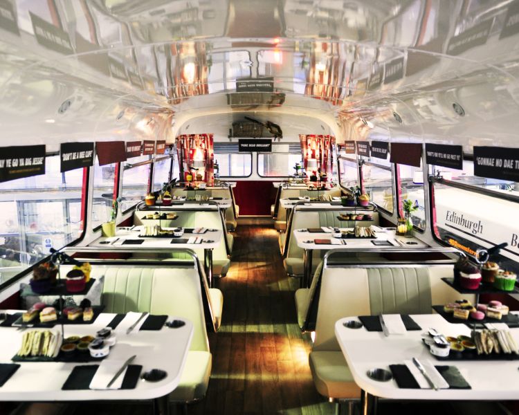 the interior of the red bus bistro for a prosecco afternoon tea