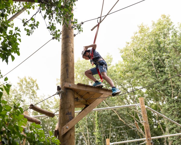 young boy on an aerial assault course high in the treetops