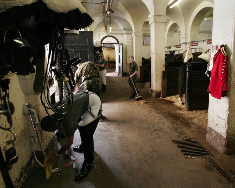 a view into the stables showing people cleaning at the household cavalry museum
