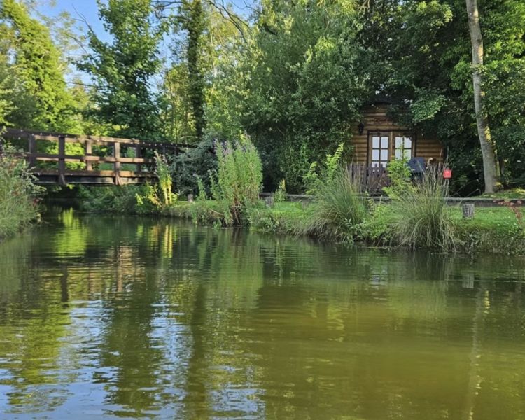 view of beavers house wooden cabin on the edge of the lake with bridge over the lake