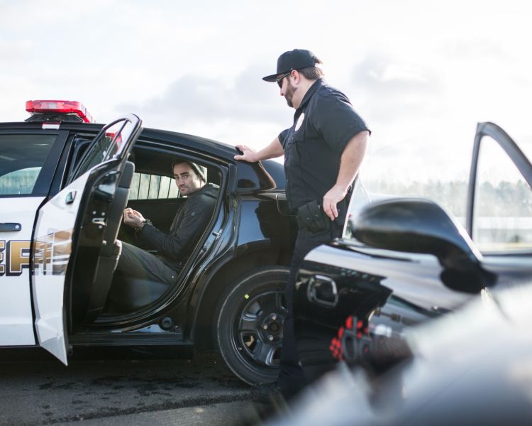 view inside a police car with passenger door open showing a man sitting in the back with a policeman standing to the side as part of a police pursuit experience