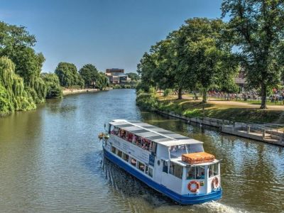 the sabrina river cruise boat sailing down the river severn on a sunny day