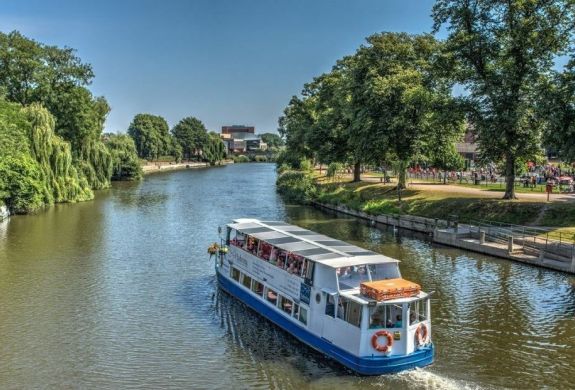 the sabrina river cruise boat sailing down the river severn on a sunny day