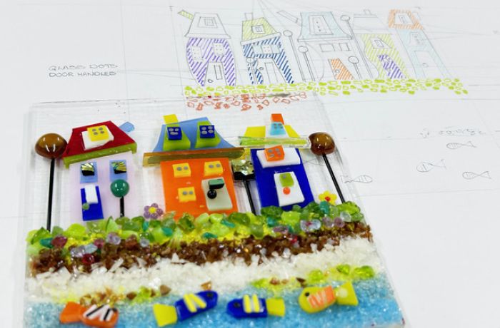 fused glass creation with sketch drawing