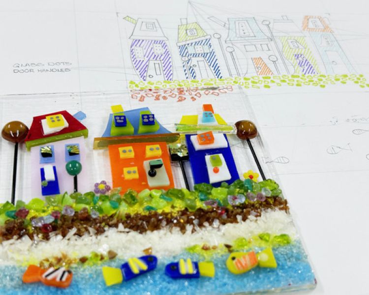 fused glass creation with sketch drawing