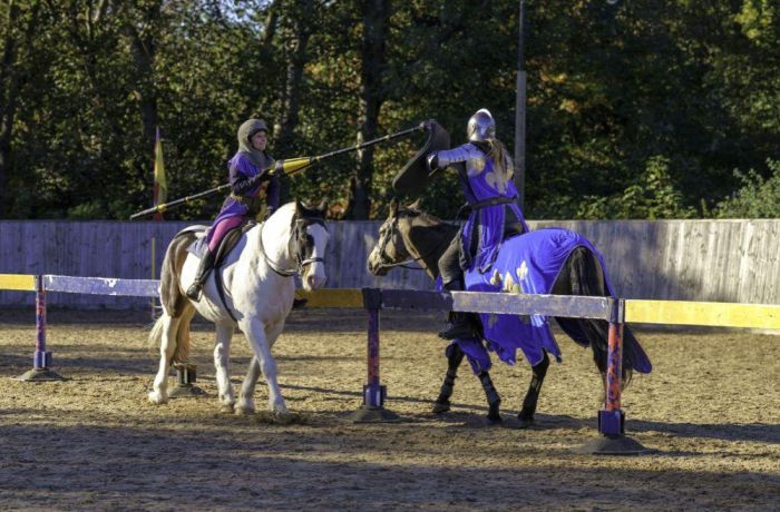 two people on horseback dressed as medieval knights on a jousting experience