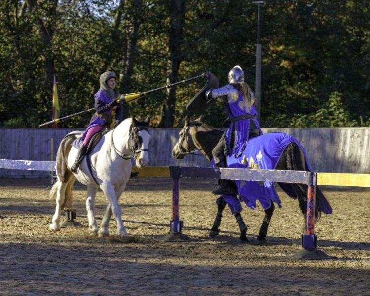 two people on horseback dressed as medieval knights on a jousting experience