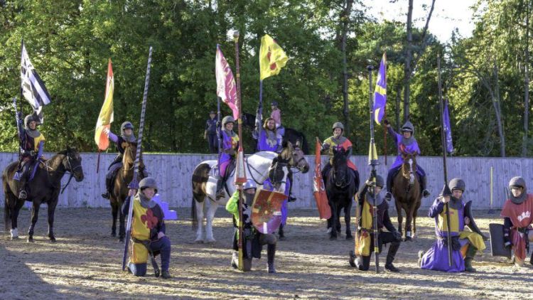 people on horseback dressed as medieval knights on a jousting experience