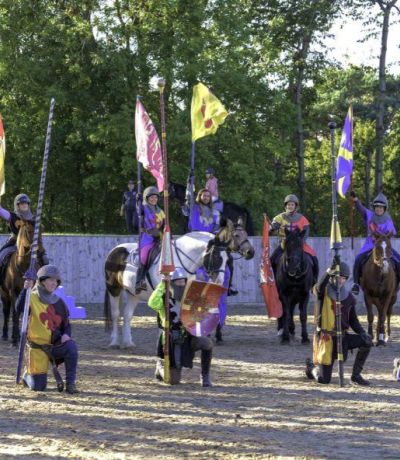 people on horseback dressed as medieval knights on a jousting experience