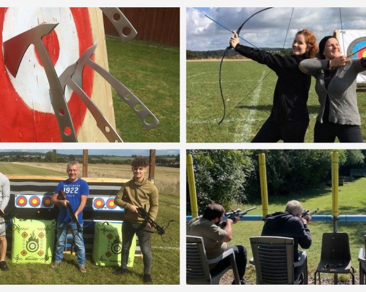 A split photo showing axe throwing crossbow archery and rifle shooting