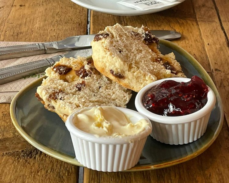 a cream tea of a scone with clotted cream and jam and cup of tea at the wine cellar in brighton