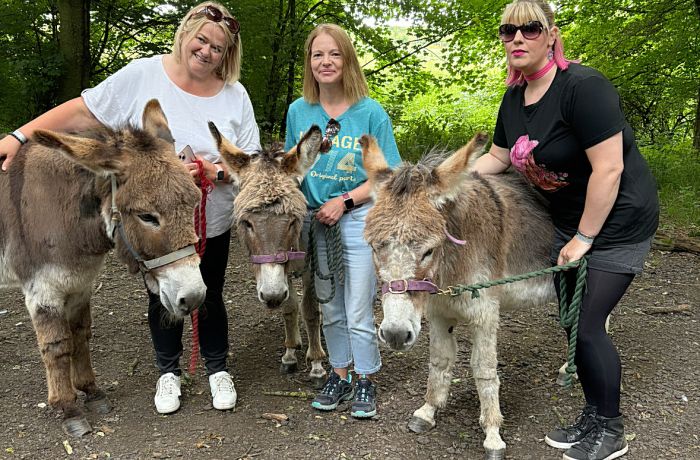 three women standing with donkeys in the woods on a donkey walk experience